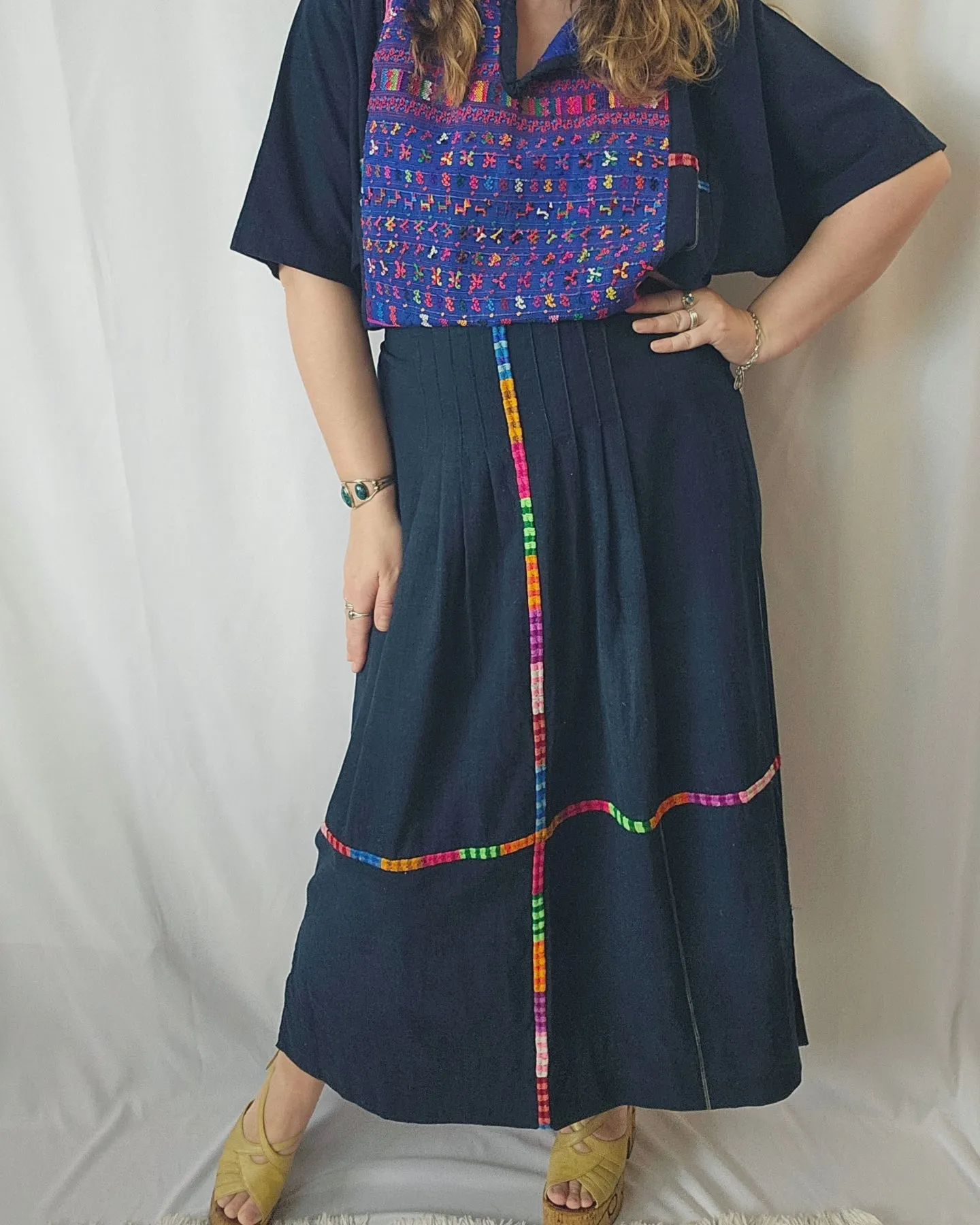 1970s Embroidered Guatemalan Huipil Maxi Dress M