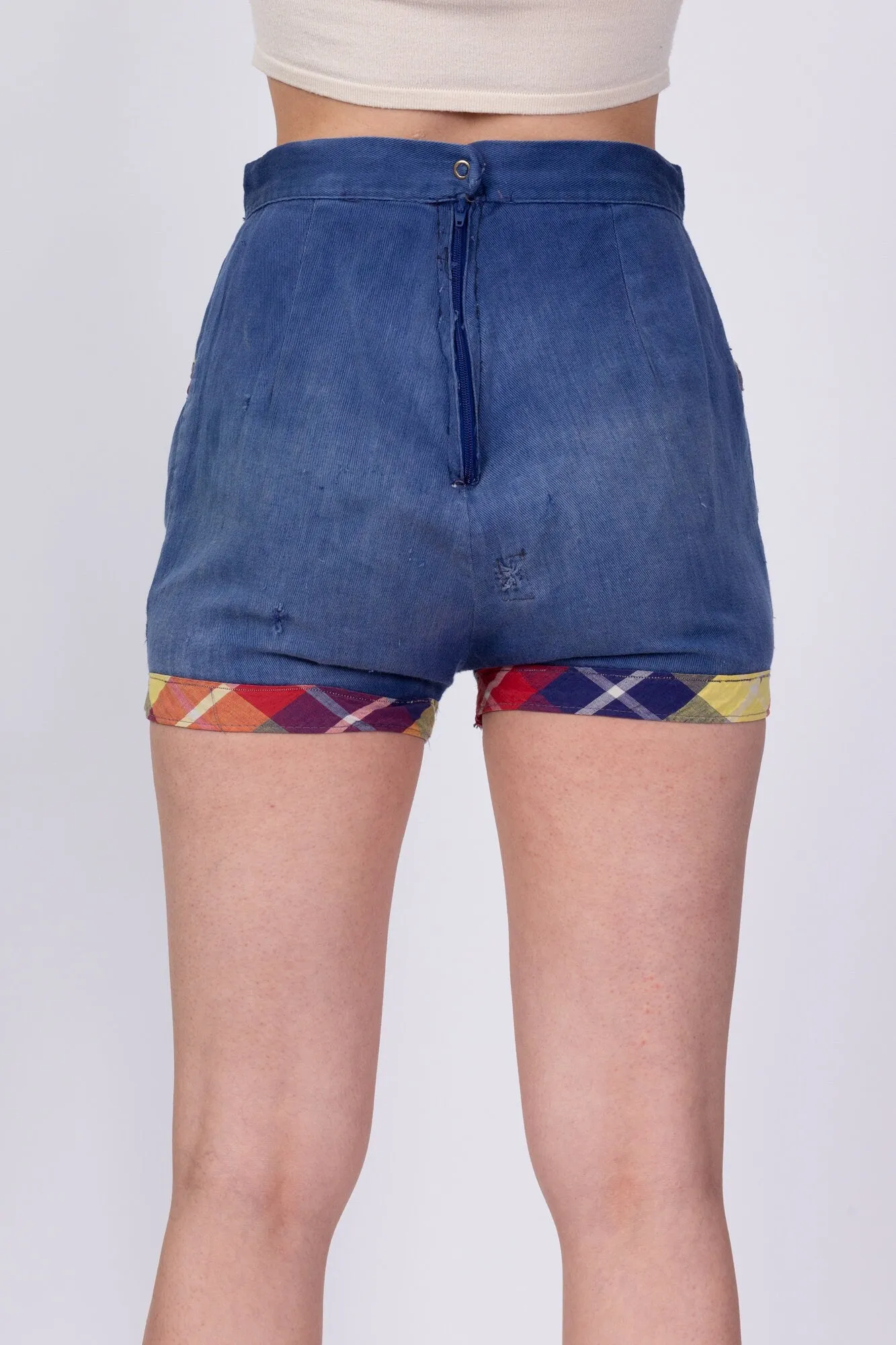 50s 60s Plaid Trim Jean Pinup Shorts - Extra Small, 25"