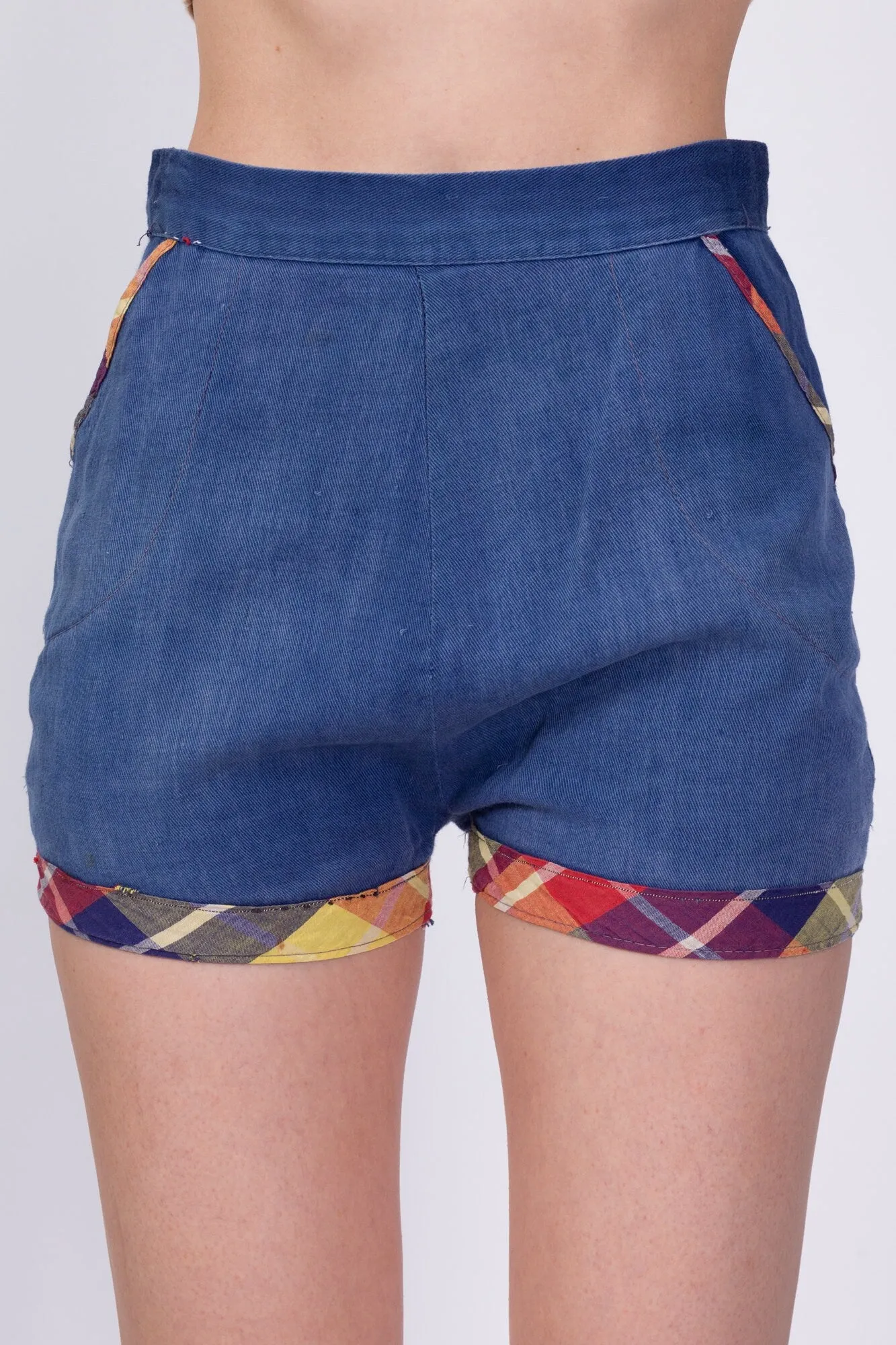 50s 60s Plaid Trim Jean Pinup Shorts - Extra Small, 25"