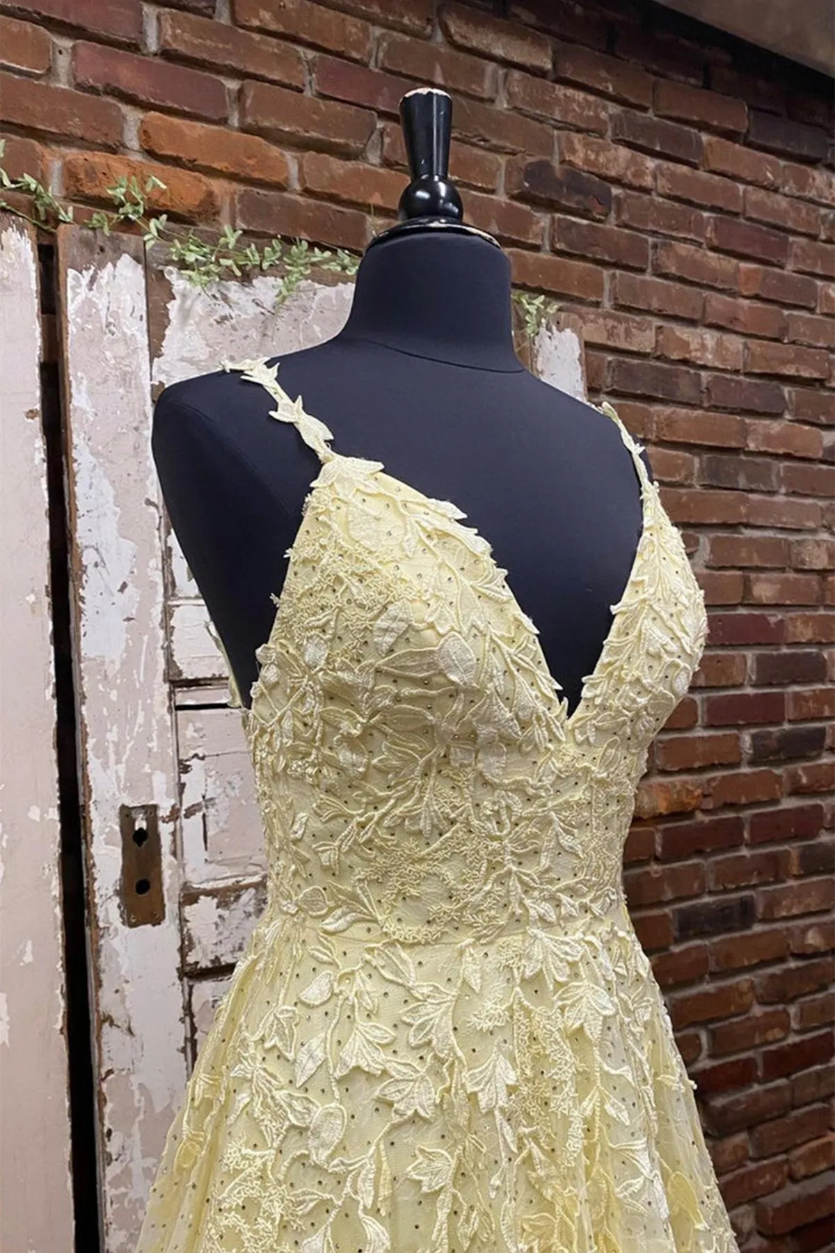 A Line V Neck Beaded Yellow Lace Tulle Long Prom Dress, Yellow Lace Formal Dress, Beaded Yellow Evening Dress A1578