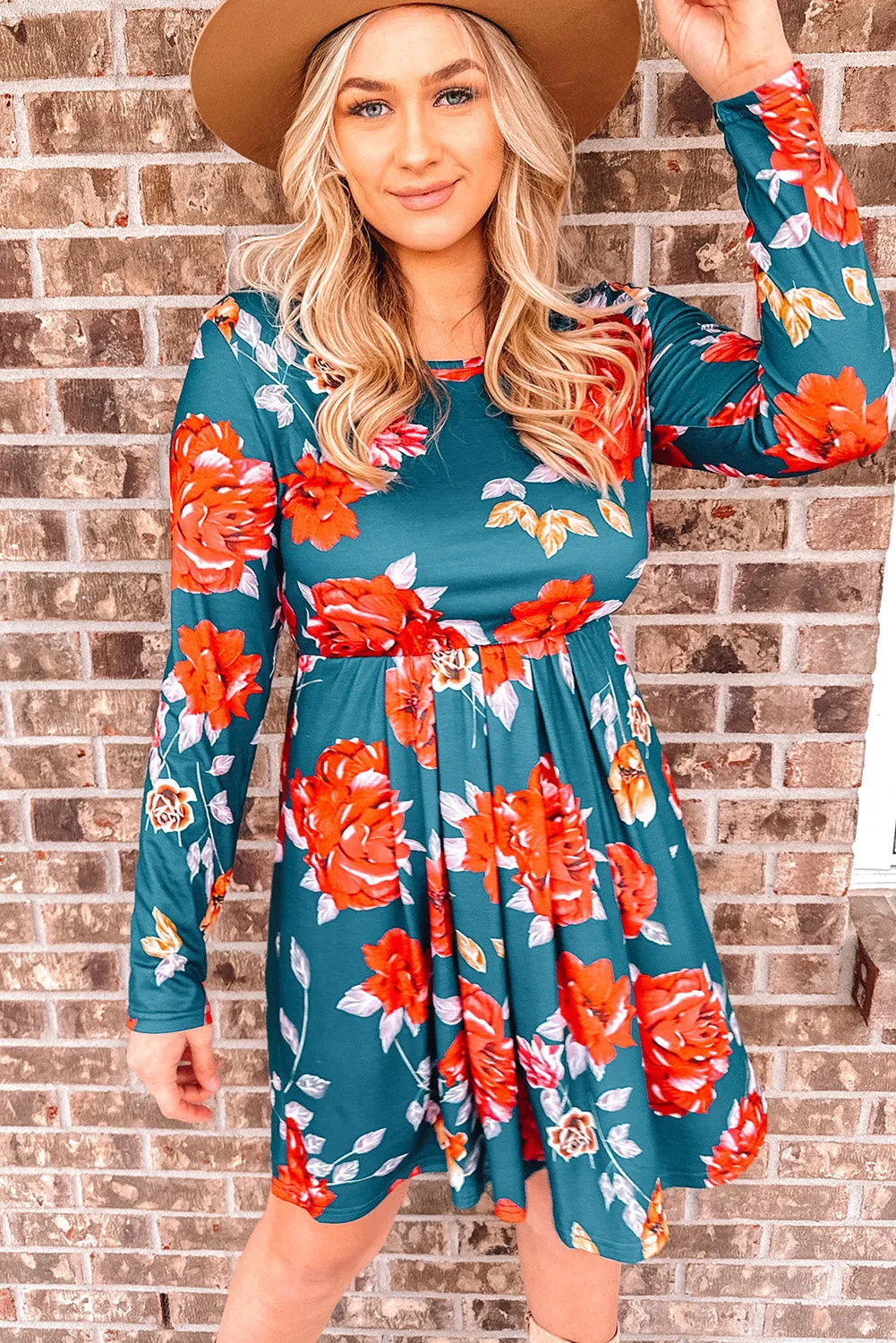 *APP EXCLUSIVE* Floral Long Sleeve Pleated Detail Dress