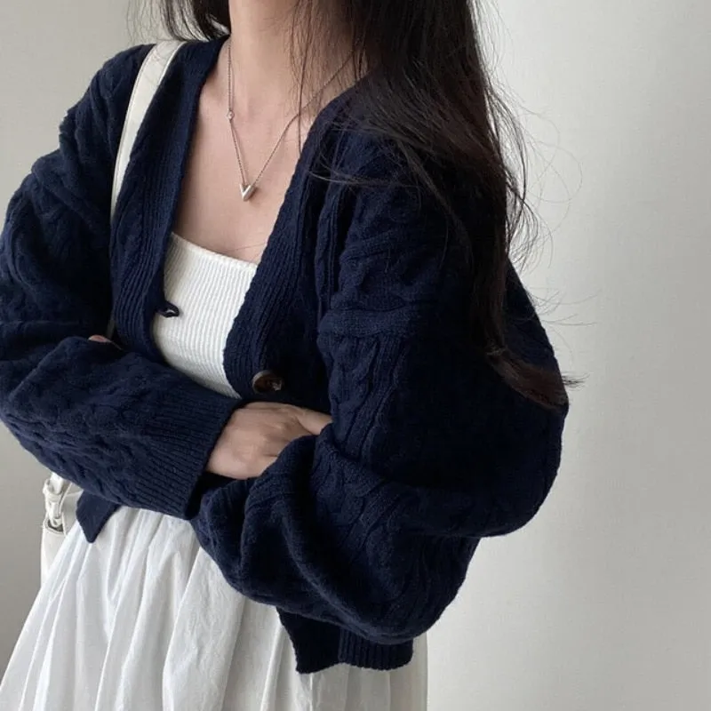 Autumn and Winter Long Sleeve Short Sweater Jacket Vintage V-Neck Knitted Cardigan Korean Chic Button Sweater Coat Women