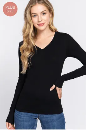 Basic PLUS SIZE long sleeve V- Neck Cotton Tops $18.00 T7665