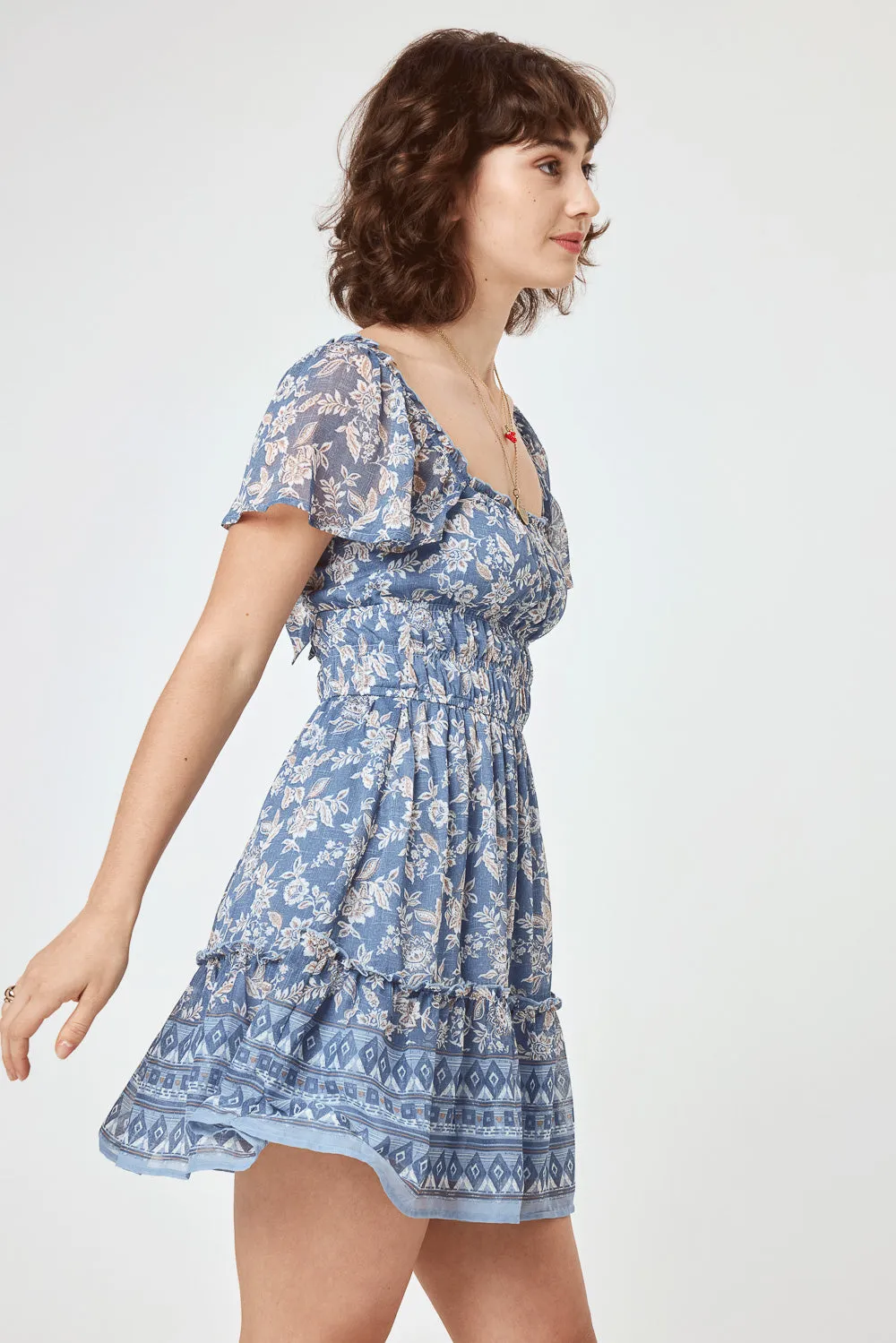 Blue Floral Flutter Sleeve Woven Dress