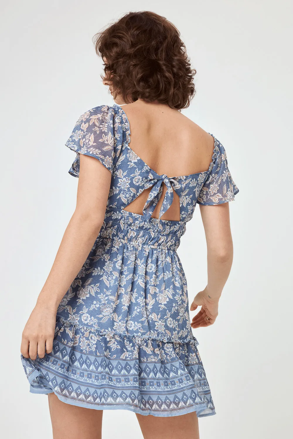 Blue Floral Flutter Sleeve Woven Dress