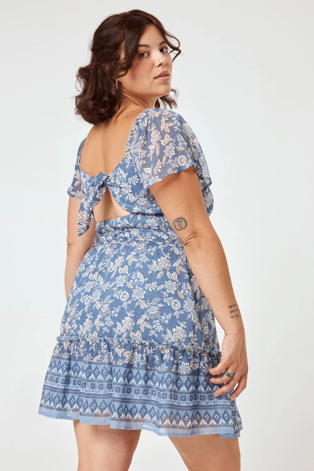 Blue Floral Flutter Sleeve Woven Dress