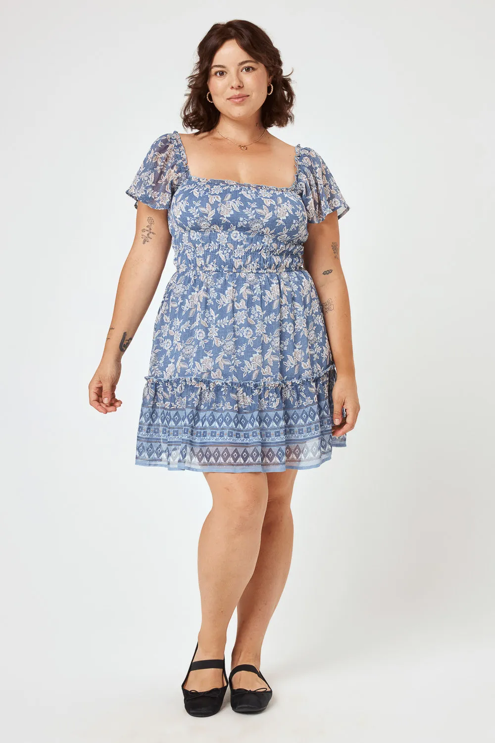 Blue Floral Flutter Sleeve Woven Dress