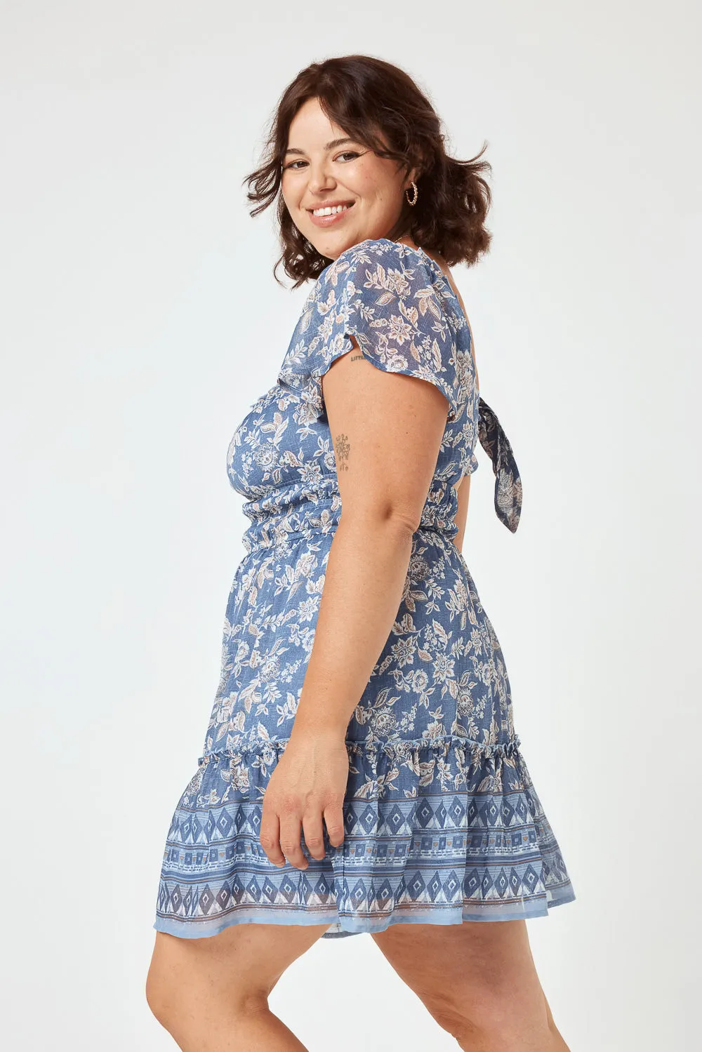 Blue Floral Flutter Sleeve Woven Dress