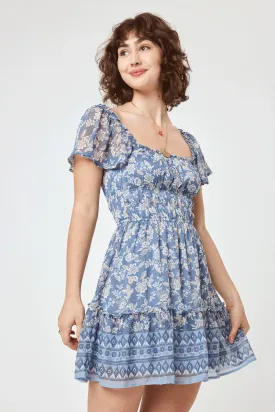 Blue Floral Flutter Sleeve Woven Dress