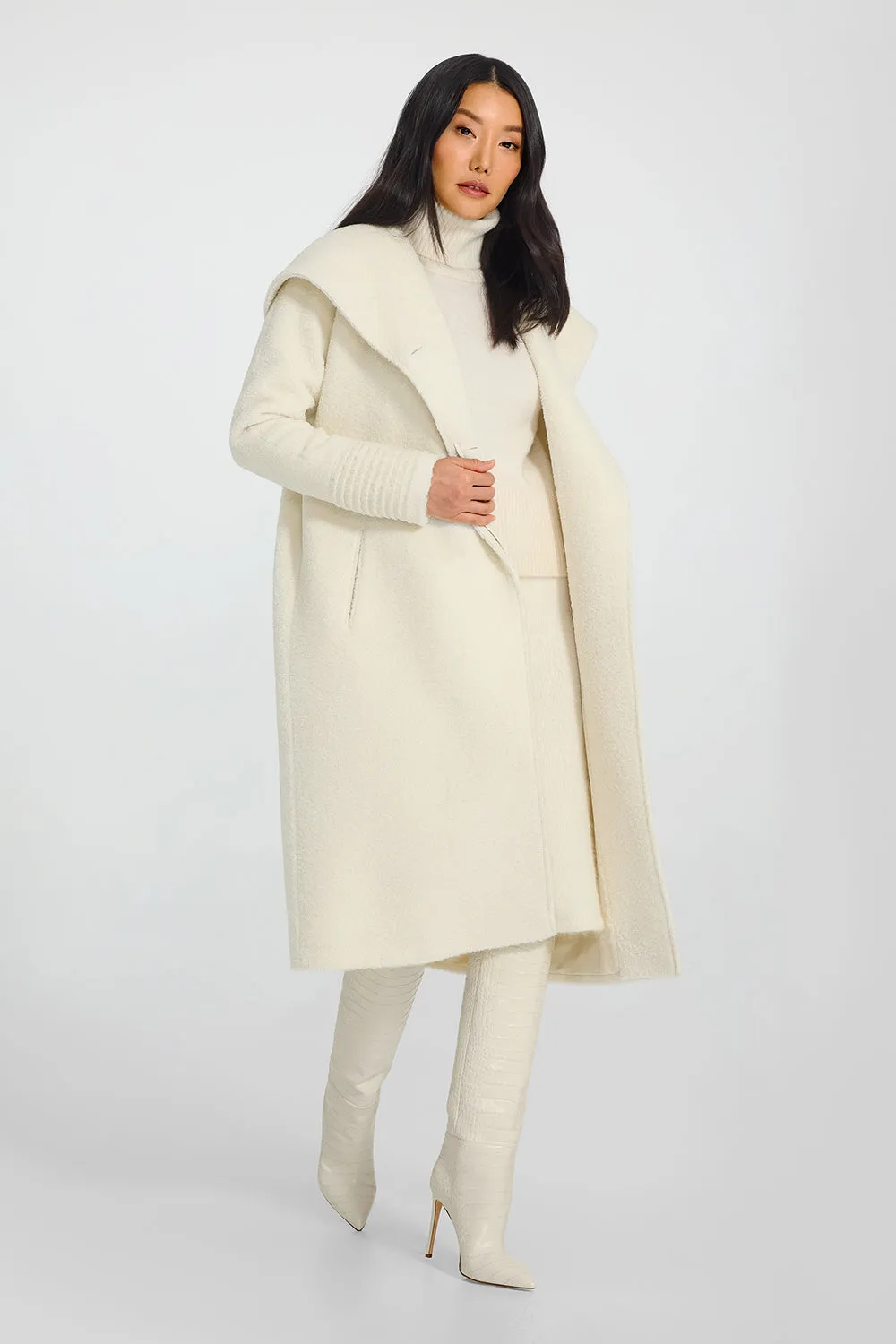 Bouclé Alpaca Long Hooded Coat