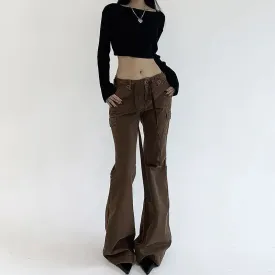 Button Ribbon Low Rise Streetwear Y2K Aesthetic Vintage Brown Jean