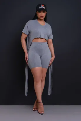 Bye Bye Cropped Long Cut Shorts Set - Grey