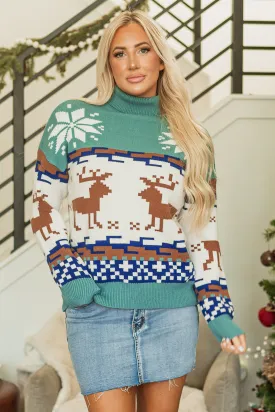 Canton Christmas Reindeer Snowflake Colorblock Turtleneck Sweater