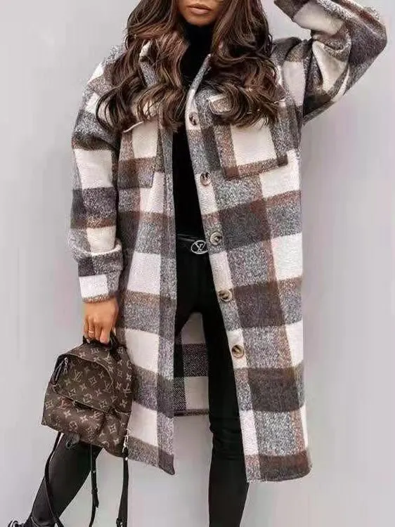 Coats Single Breasted Plaid Brushed Mid Length Wool Coat for Women