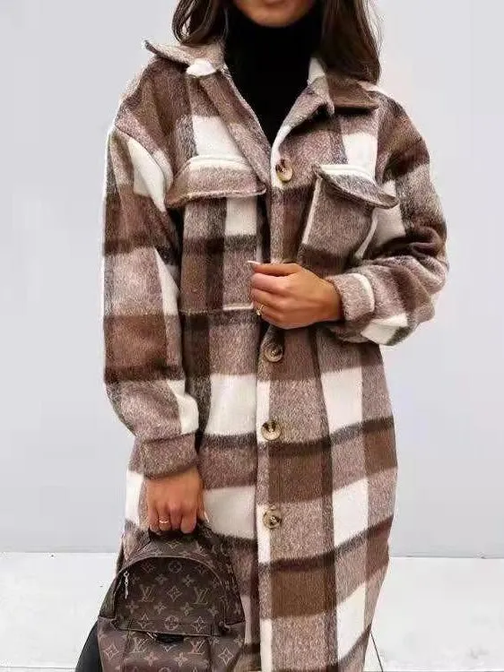 Coats Single Breasted Plaid Brushed Mid Length Wool Coat for Women