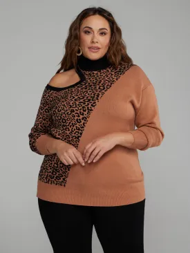 Colorblock Leopard Print Cutout Sweater