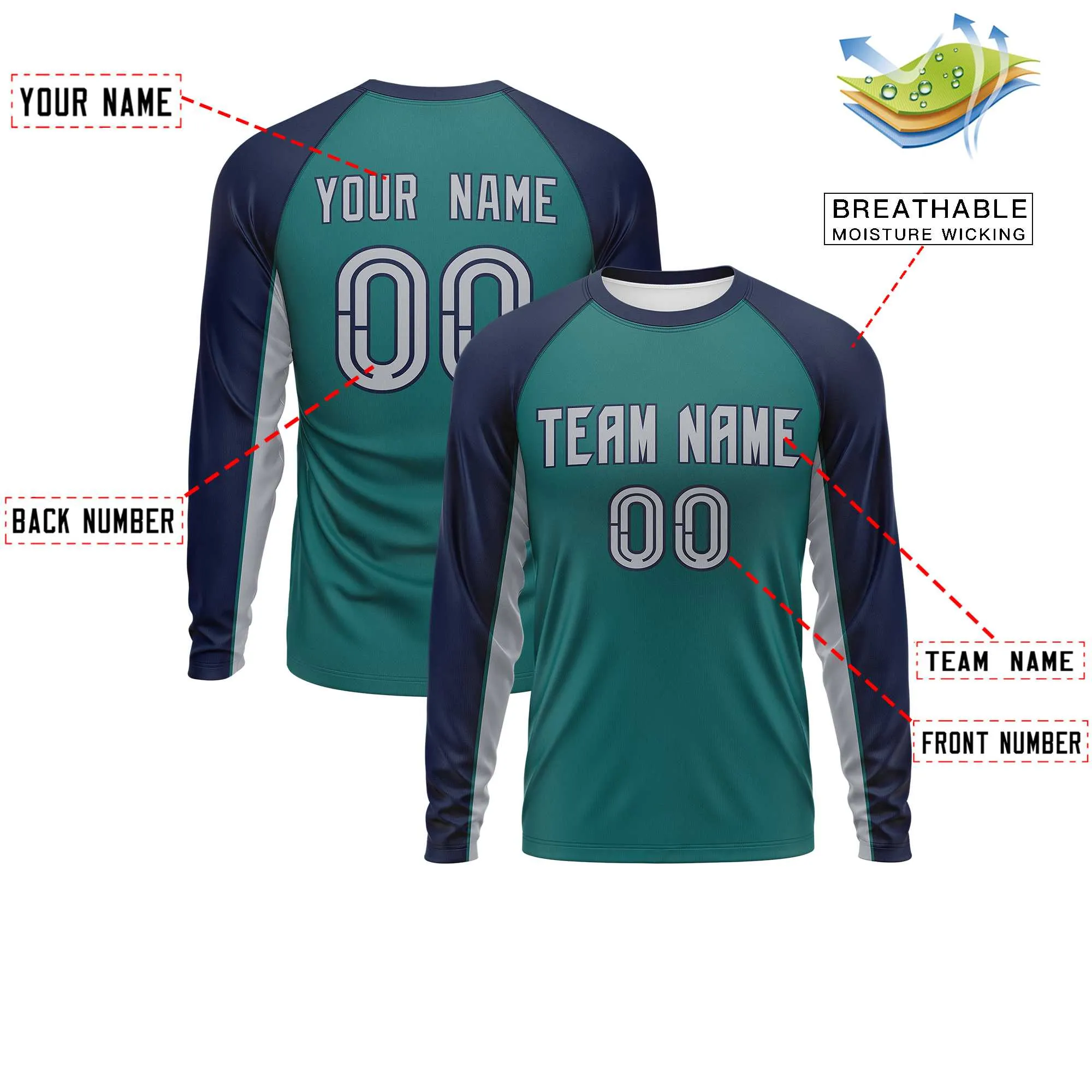 Custom Aqua Navy Crew Neck Raglan Long Sleeve Performance T-Shirt