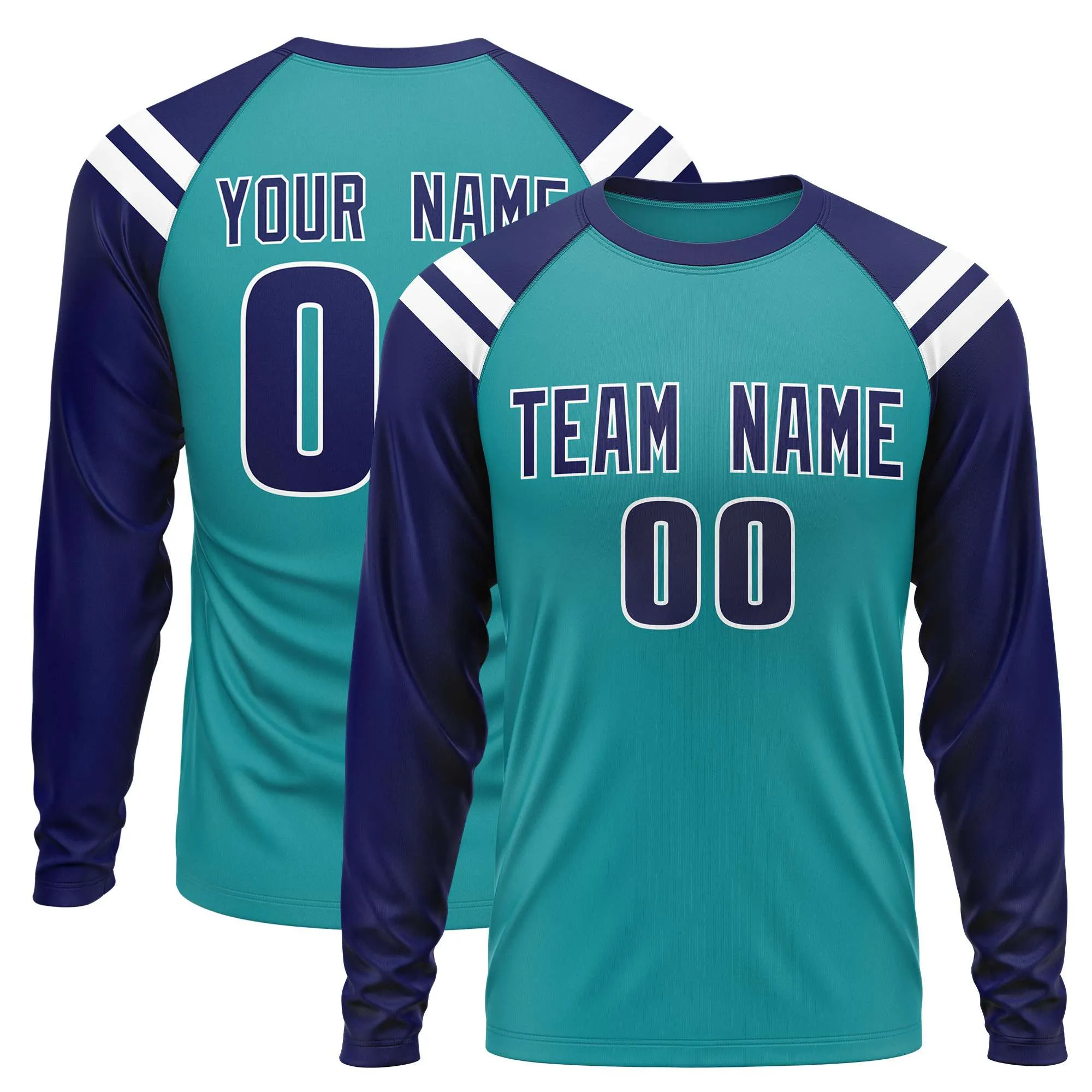 Custom Aqua Navy-White Crew Neck Personalized Raglan Long Sleeve Performance T-Shirt