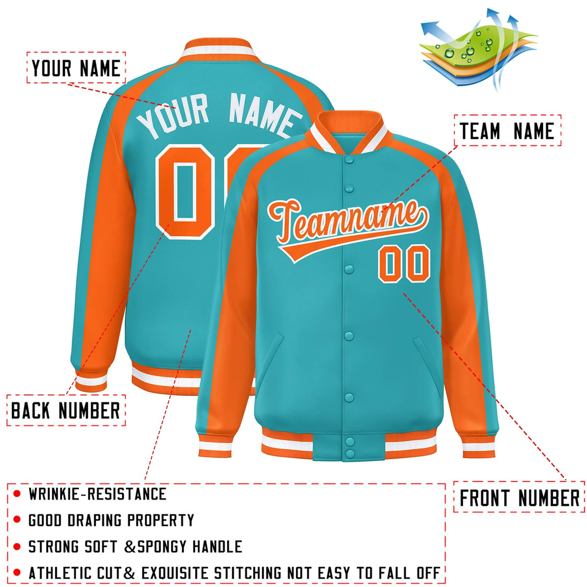 Custom Aqua Orange Varsity Full-Snap Color Block Personalized Raglan Sleeves Letterman Jacket