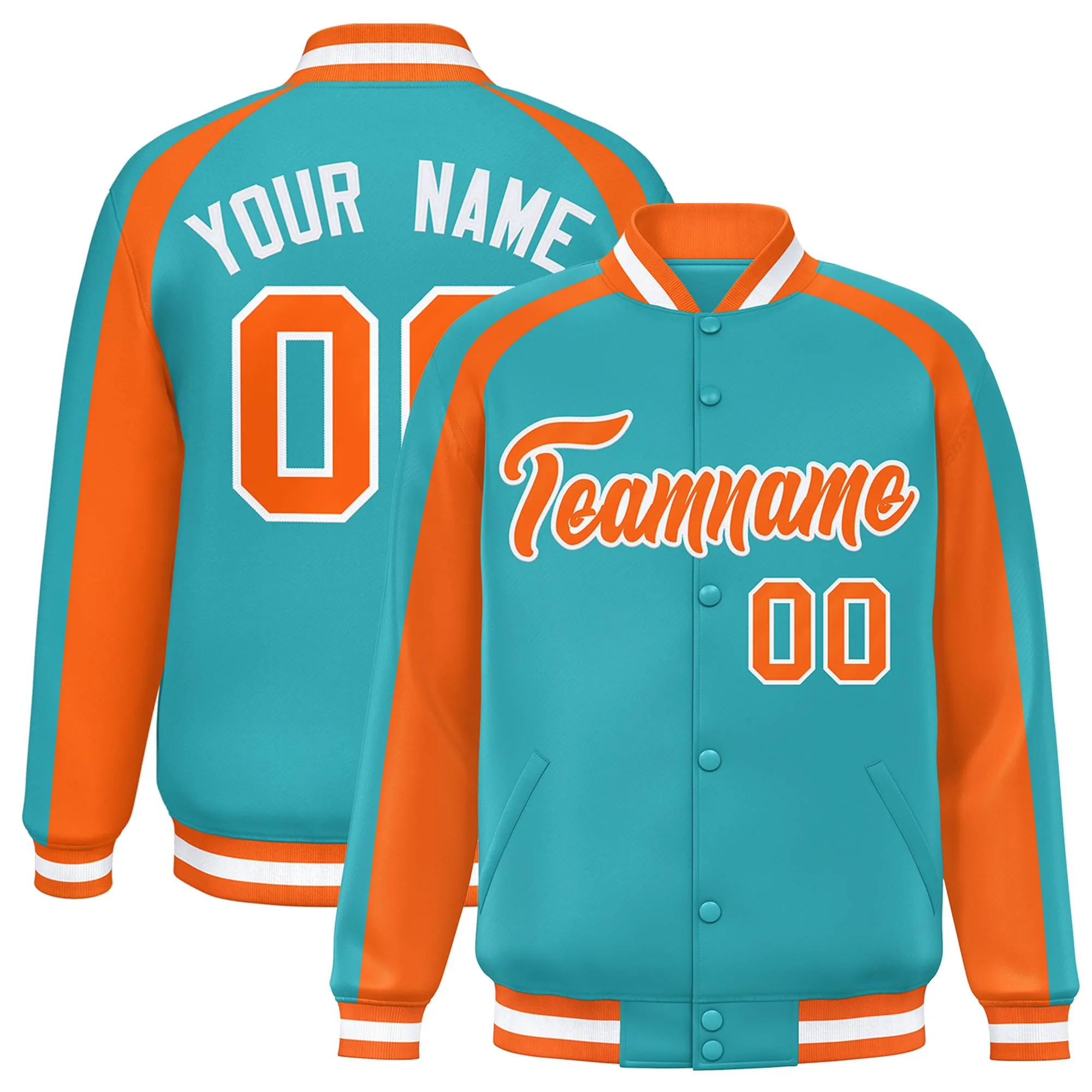 Custom Aqua Orange Varsity Full-Snap Color Block Personalized Raglan Sleeves Letterman Jacket