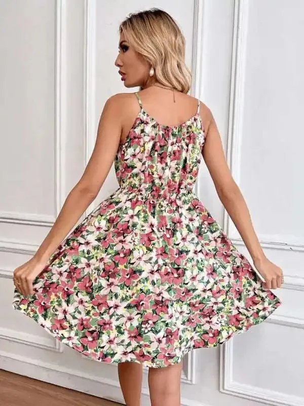 Elegant Sleeveless Dress Pullover Print Elastic Waist Suspender Skirt