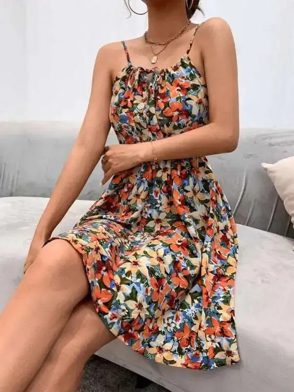 Elegant Sleeveless Dress Pullover Print Elastic Waist Suspender Skirt