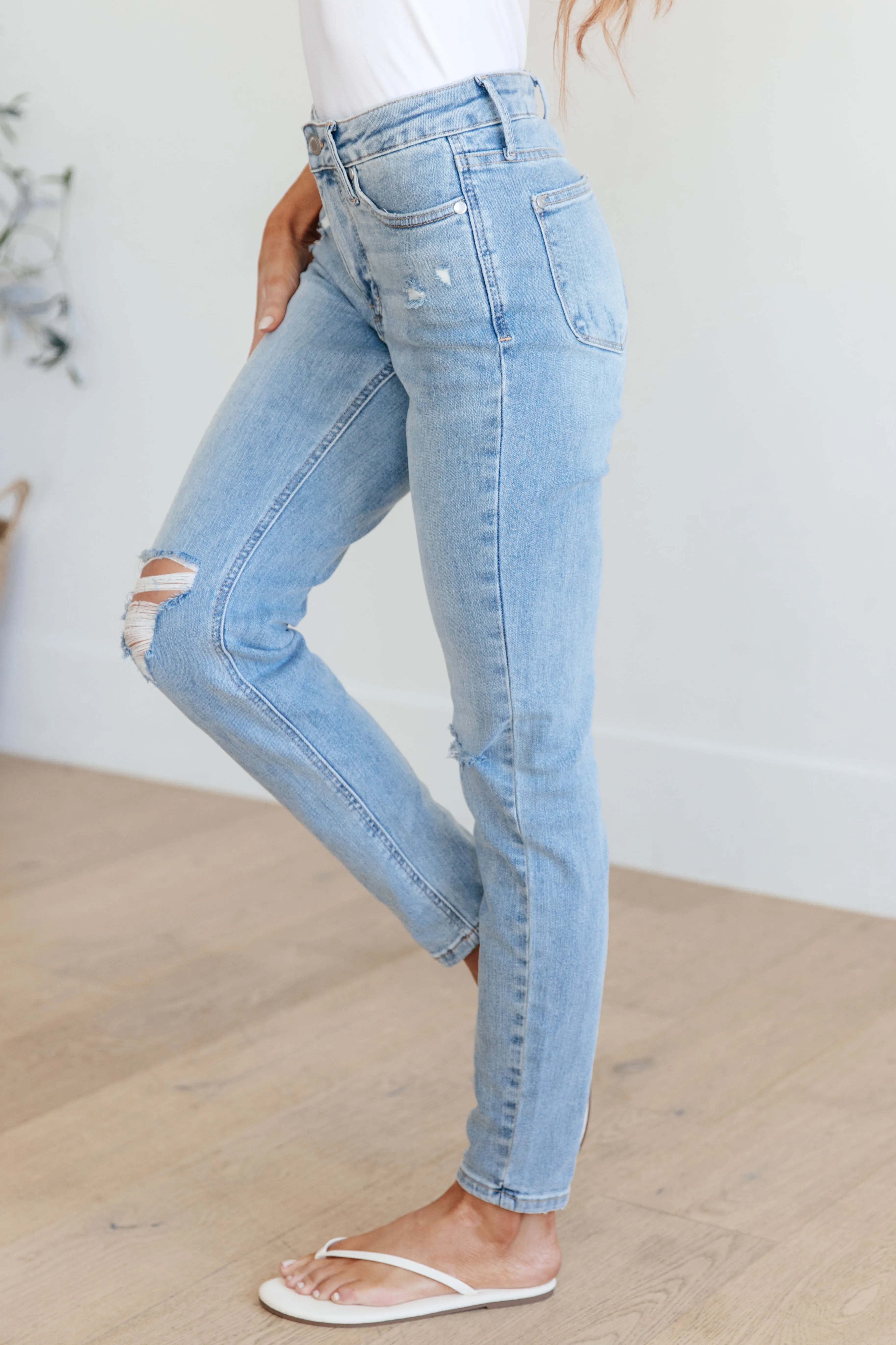 Eloise Mid Rise Control Top Distressed Skinny Jeans