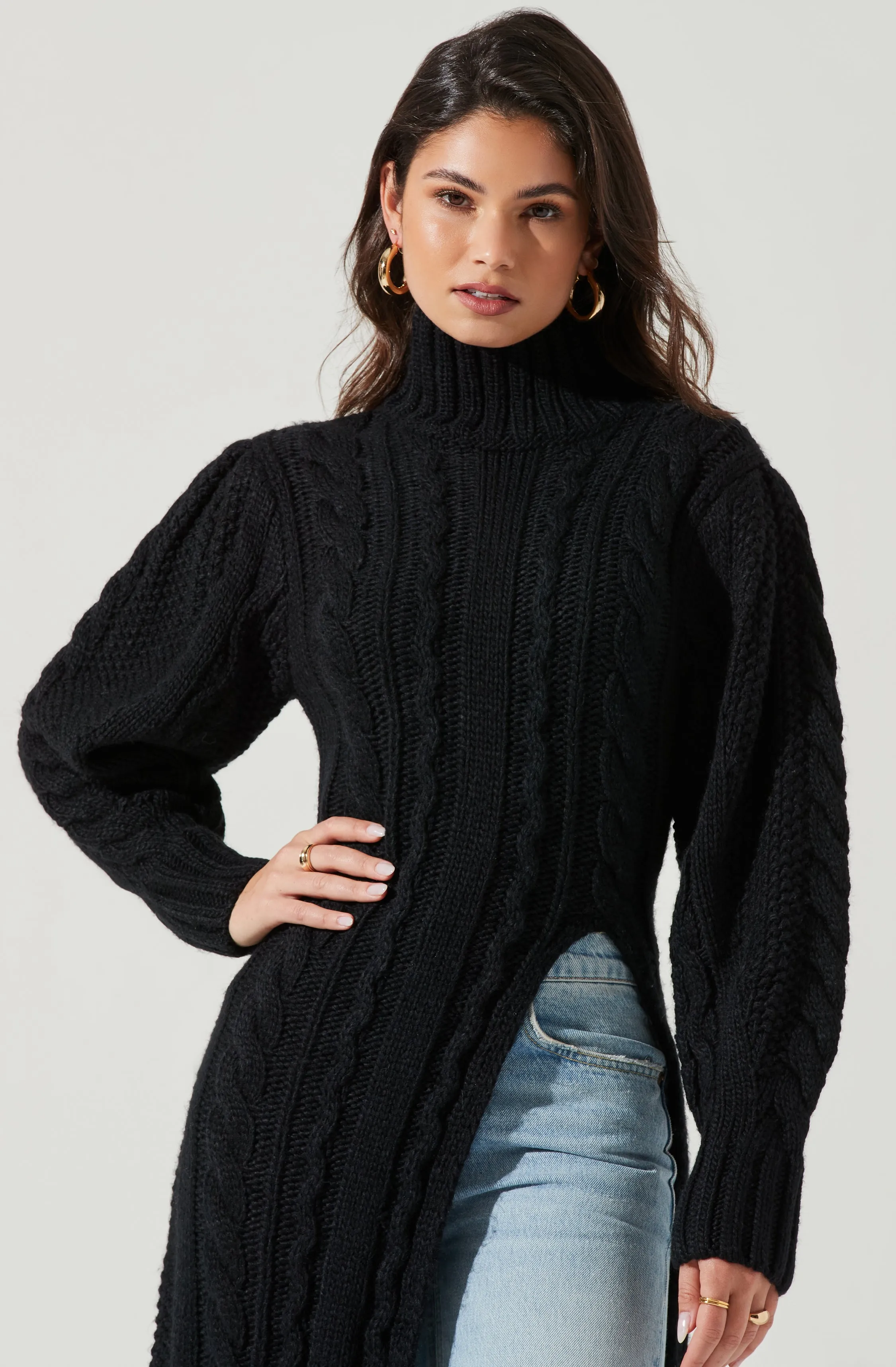 Evangelina Cable Knit Turtleneck Hi Slit Sweater