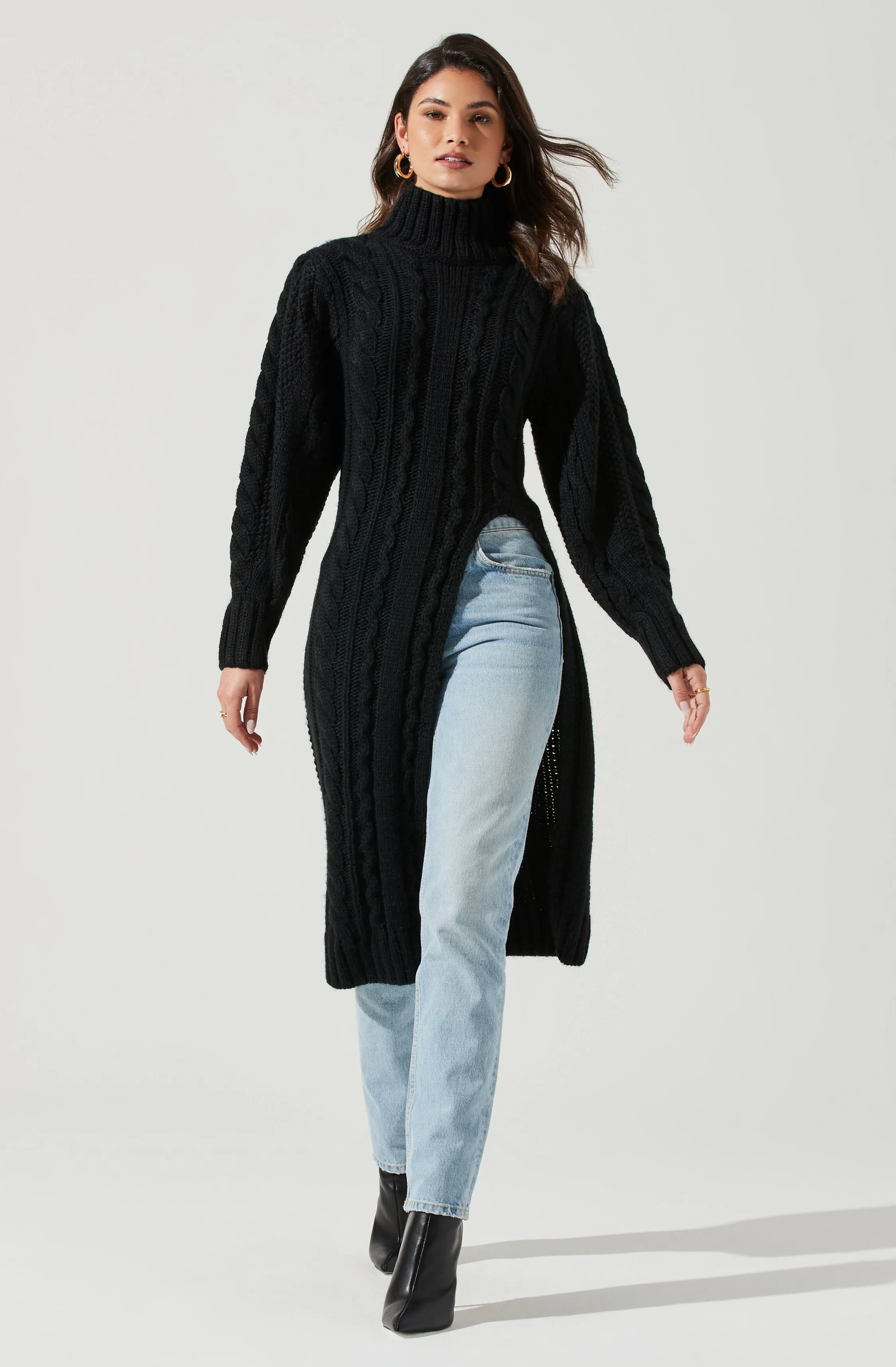 Evangelina Cable Knit Turtleneck Hi Slit Sweater