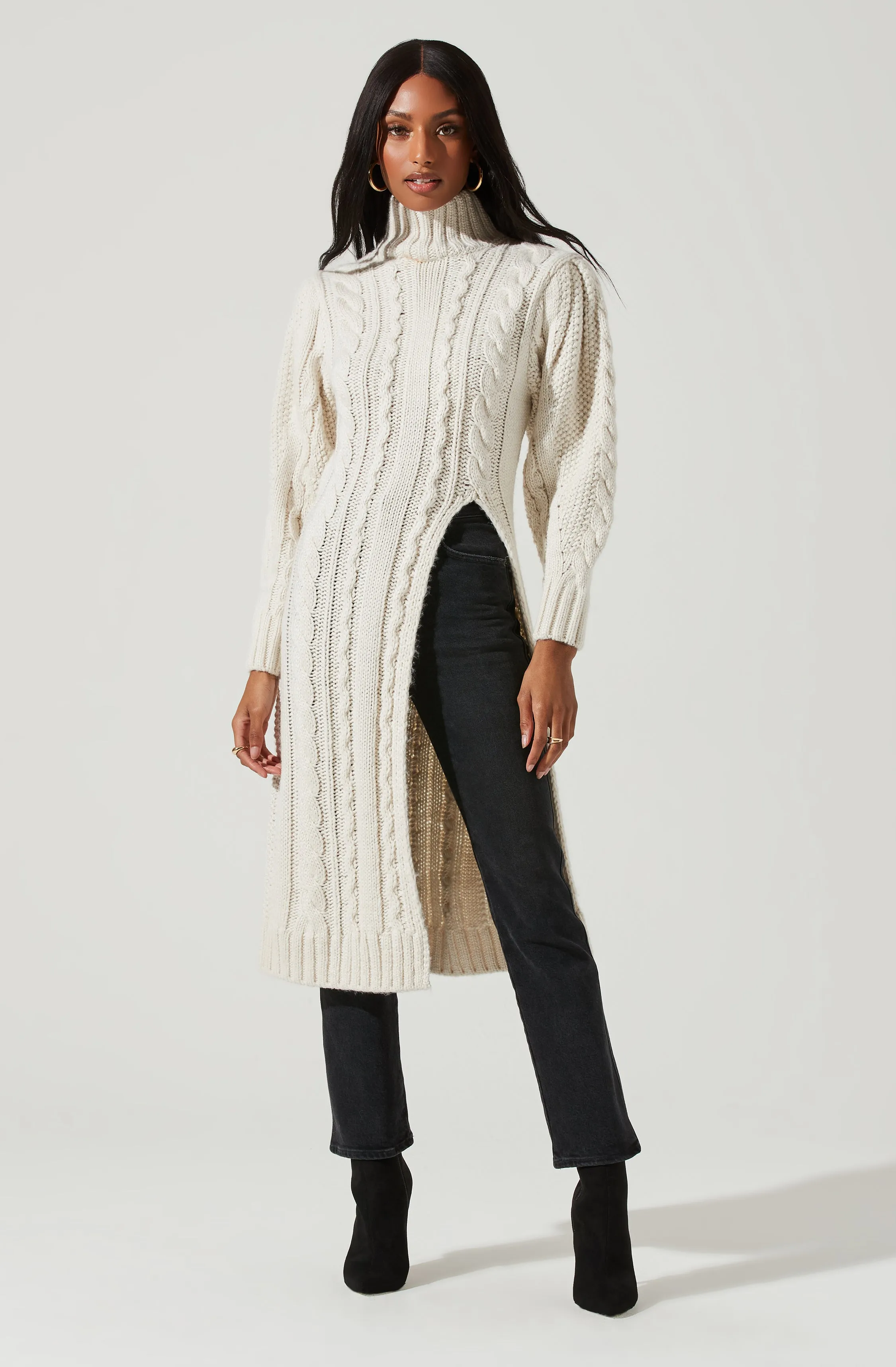 Evangelina Cable Knit Turtleneck Hi Slit Sweater