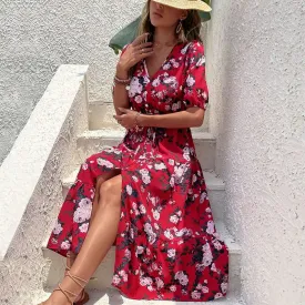 Fashion Women’s Printed v-neck Slit Dress