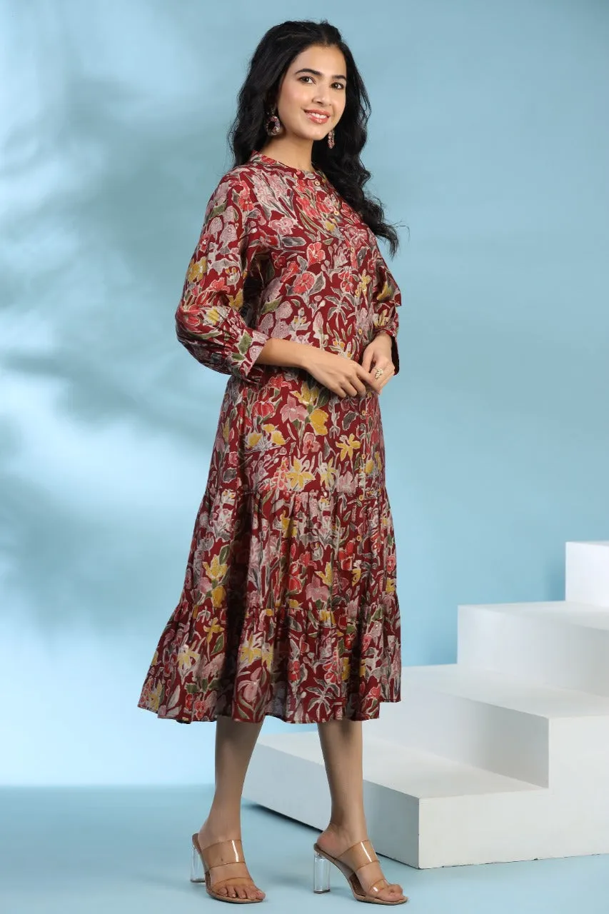 Floral Canopy on Maroon Silk MIDI Dress