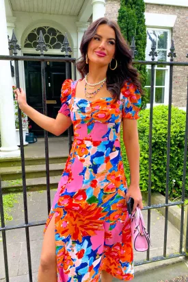 Floral Frenzy - Pink Orange Floral Midi Dress