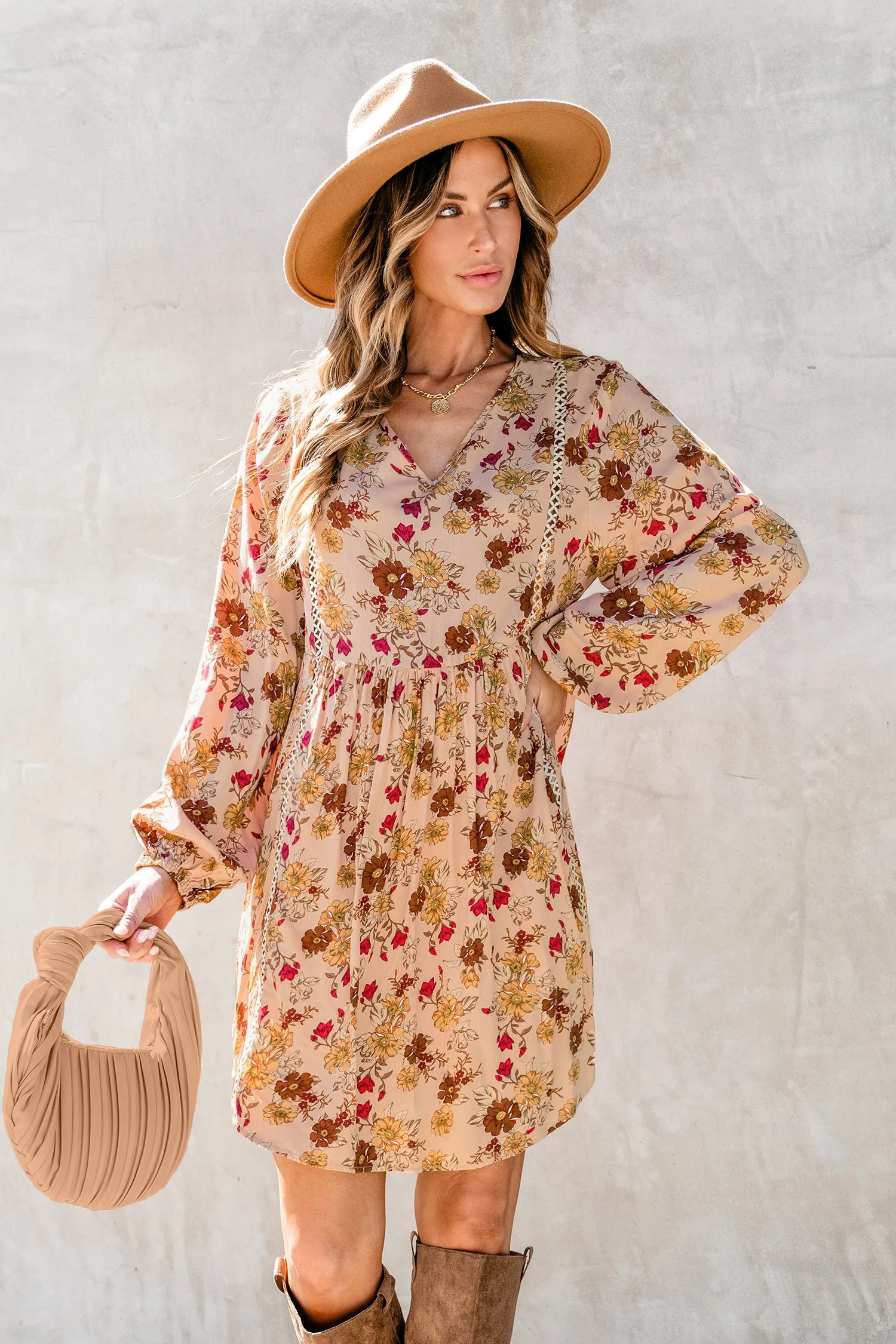 Floral Print Lace Trim Flowy Dress