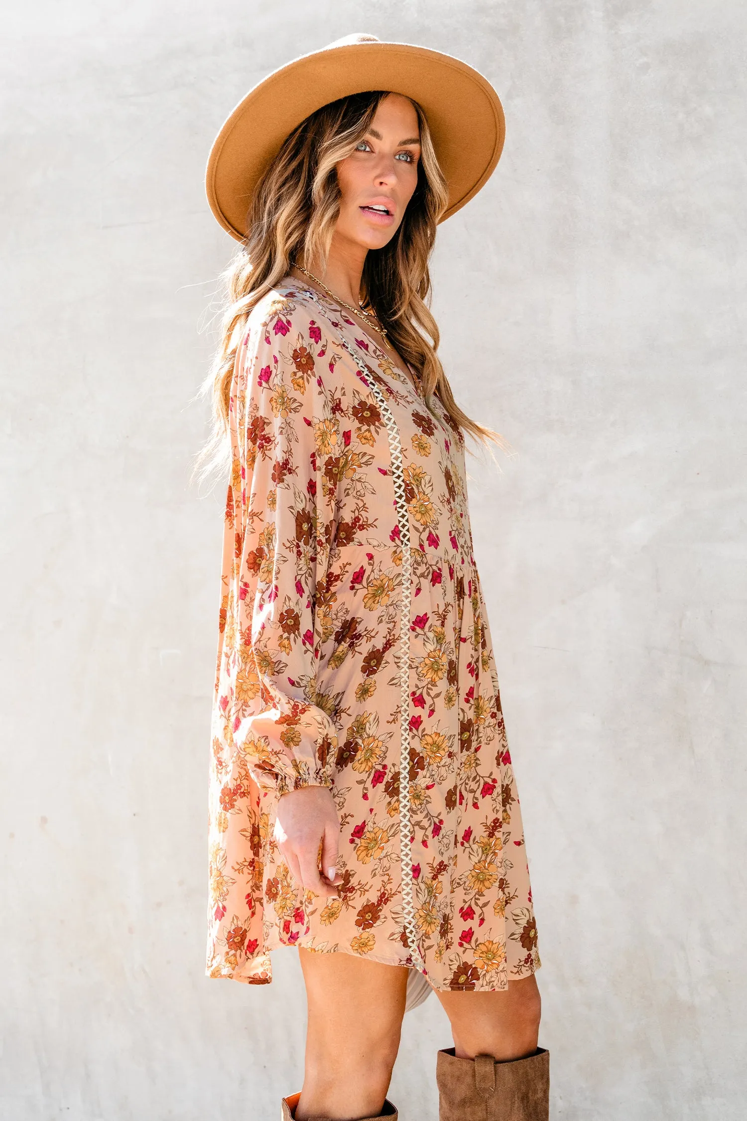 Floral Print Lace Trim Flowy Dress