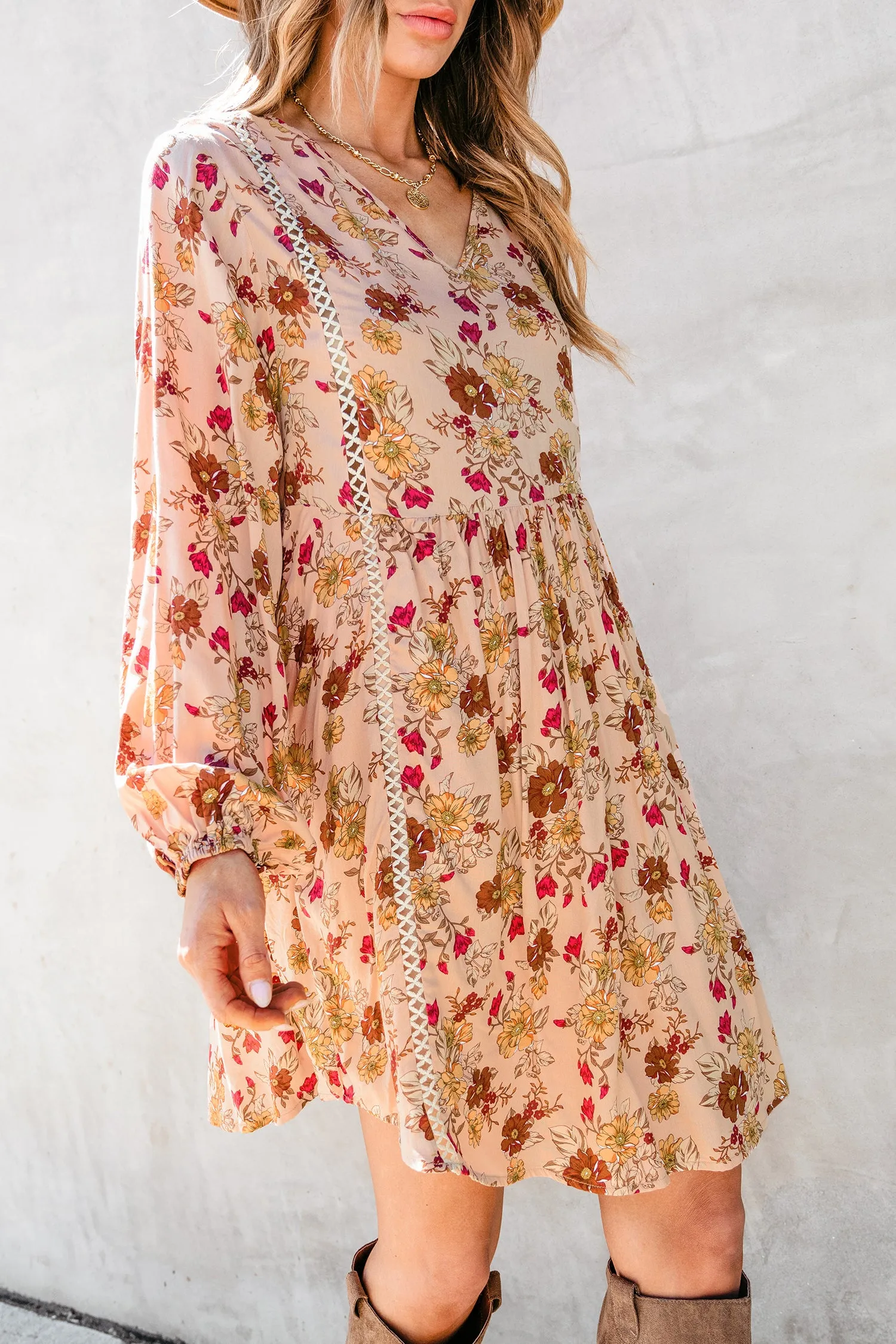 Floral Print Lace Trim Flowy Dress