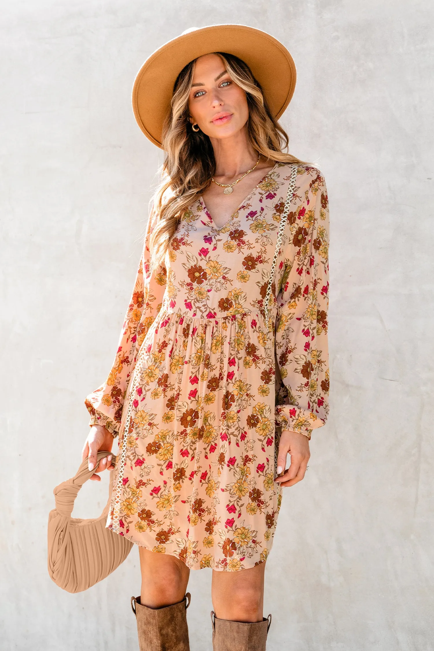 Floral Print Lace Trim Flowy Dress