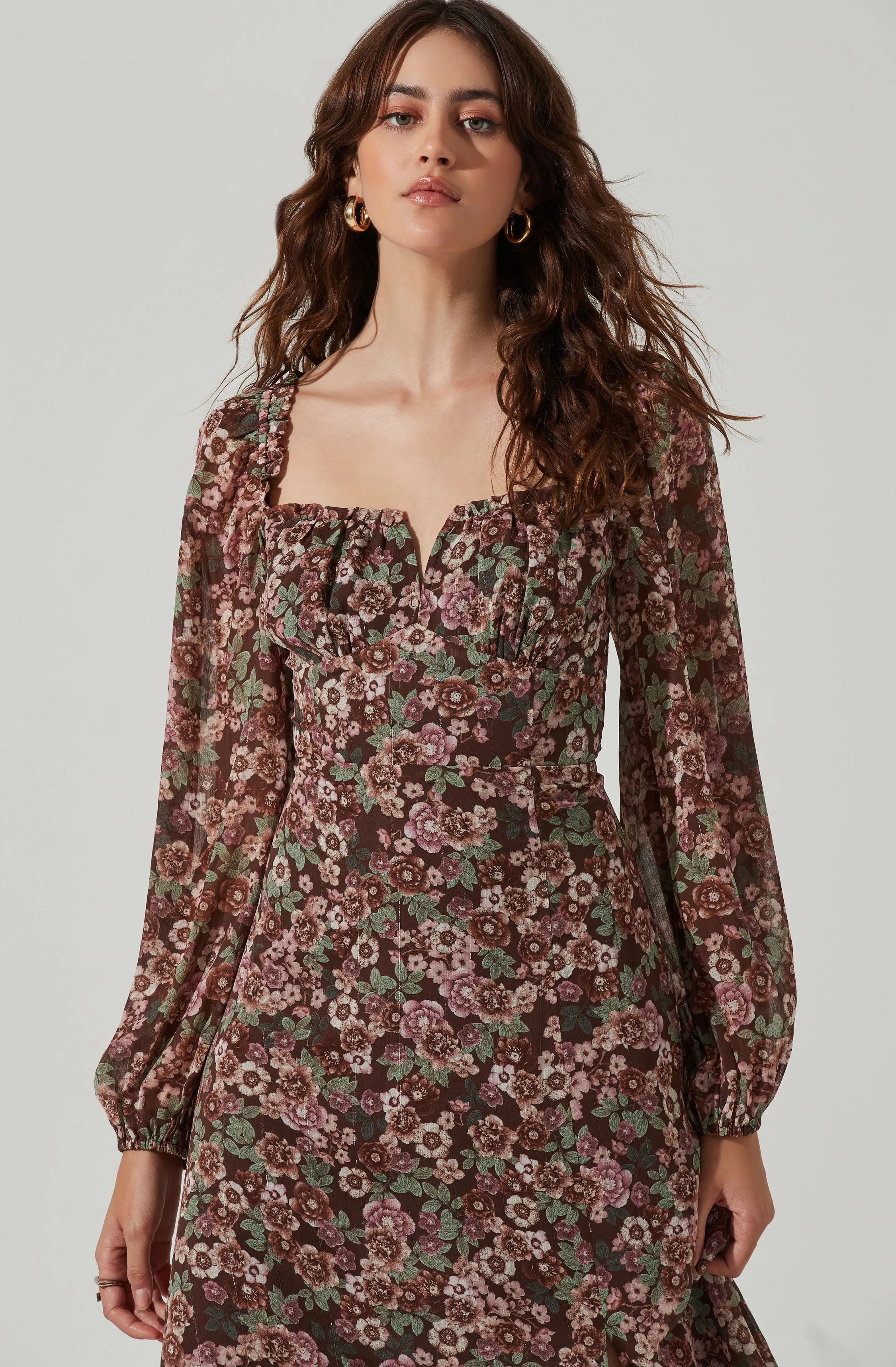 Floral V Front Long Sleeve Midi Dress