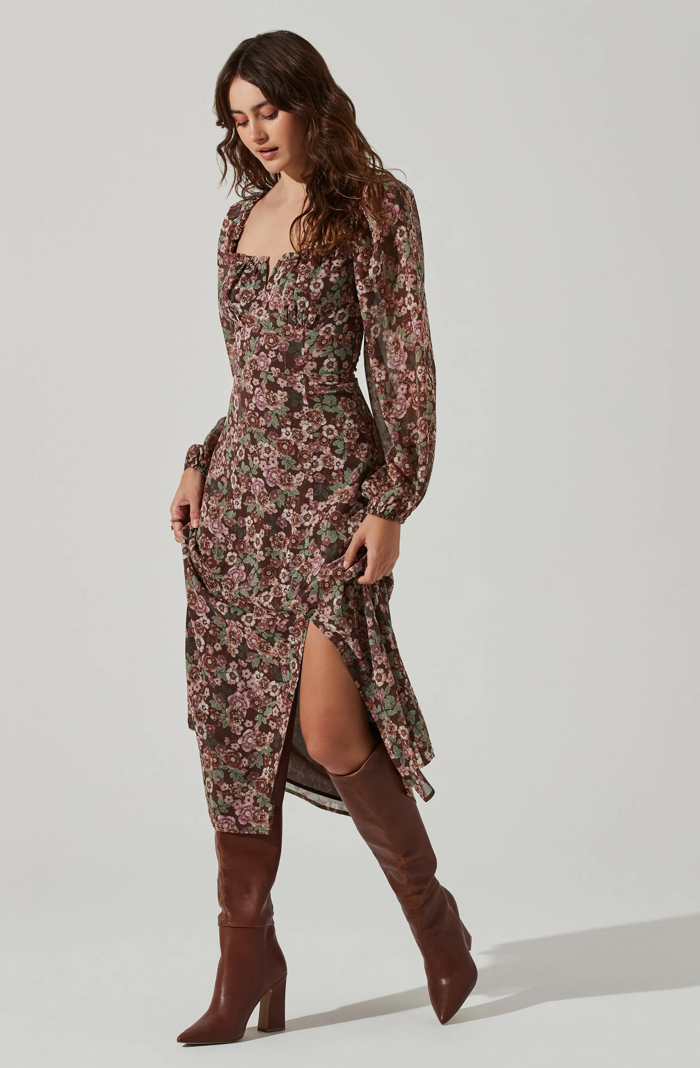 Floral V Front Long Sleeve Midi Dress