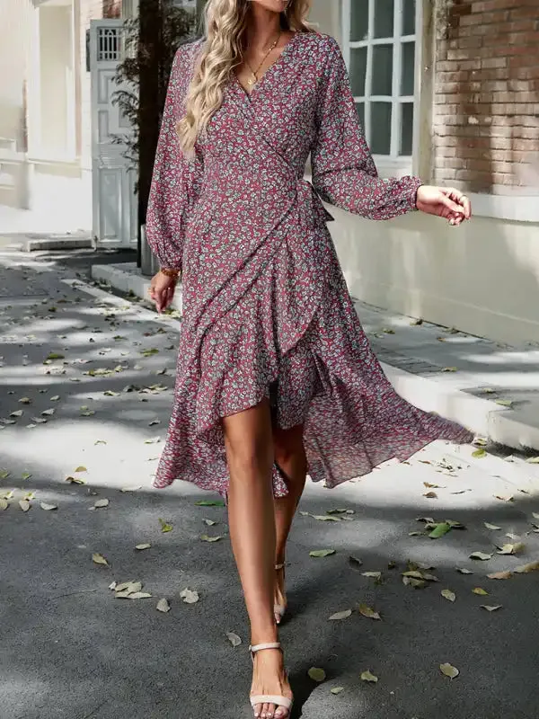 Floral wrap casual resort style strappy full skirt dress