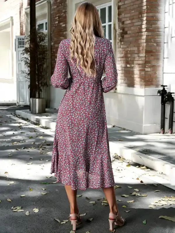 Floral wrap casual resort style strappy full skirt dress