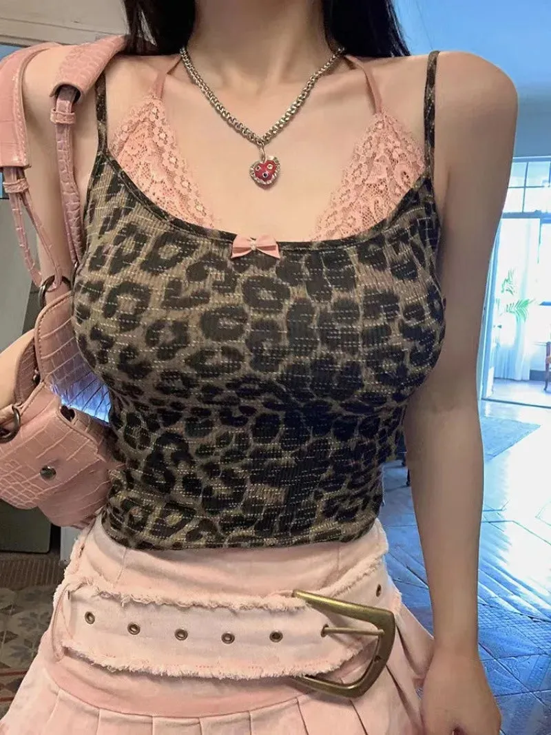 Girlary Fake Two Pieces Lace Camisole Sexy Leopard Print Halter Top Sleeveless Tank Top Female Y2k Morigirl Women's Summer Top 2024