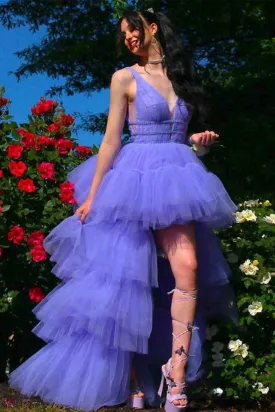 High Low V Neck Purple Tulle Long Prom Dress with Belt, High Low Lilac Formal Evening Dress A1493