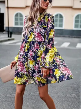 High Neck Stretch Ruffle Long Sleeve Dress