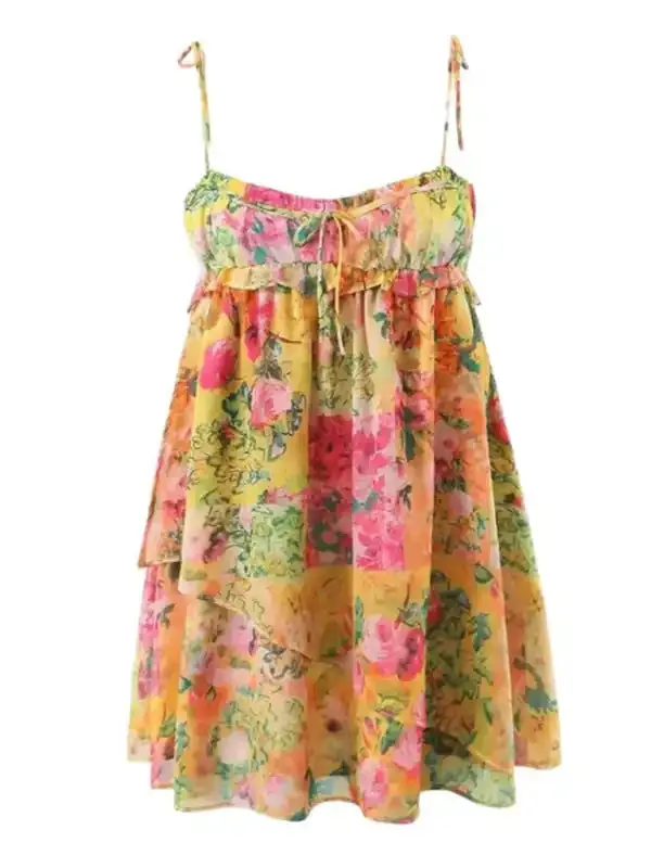 Lace-up French Niche Color-Block Floral Sling Dress With Wooden Ears