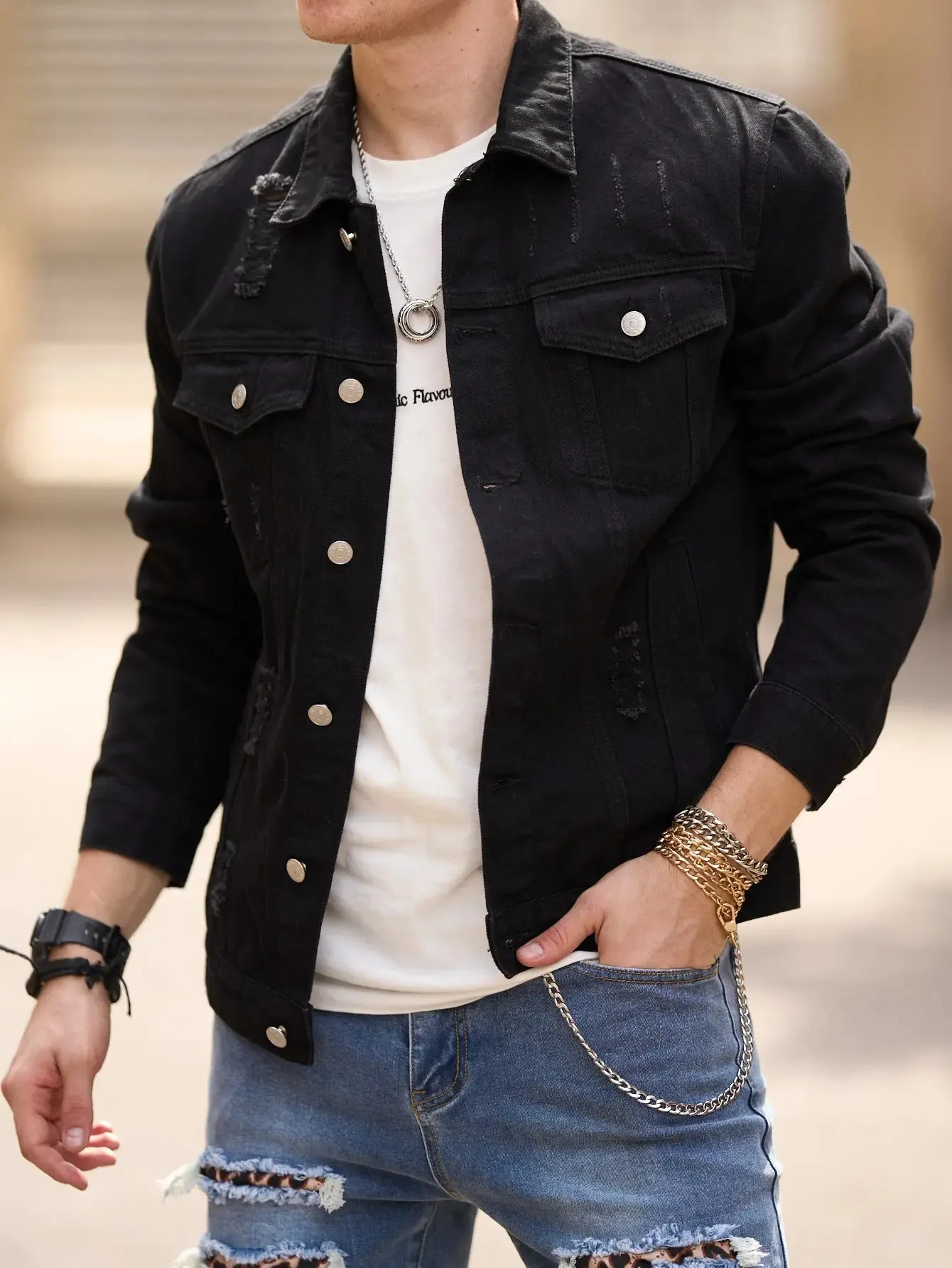 Men's Casual Youth Slim Fit Fashion Ripped Denim Jacket