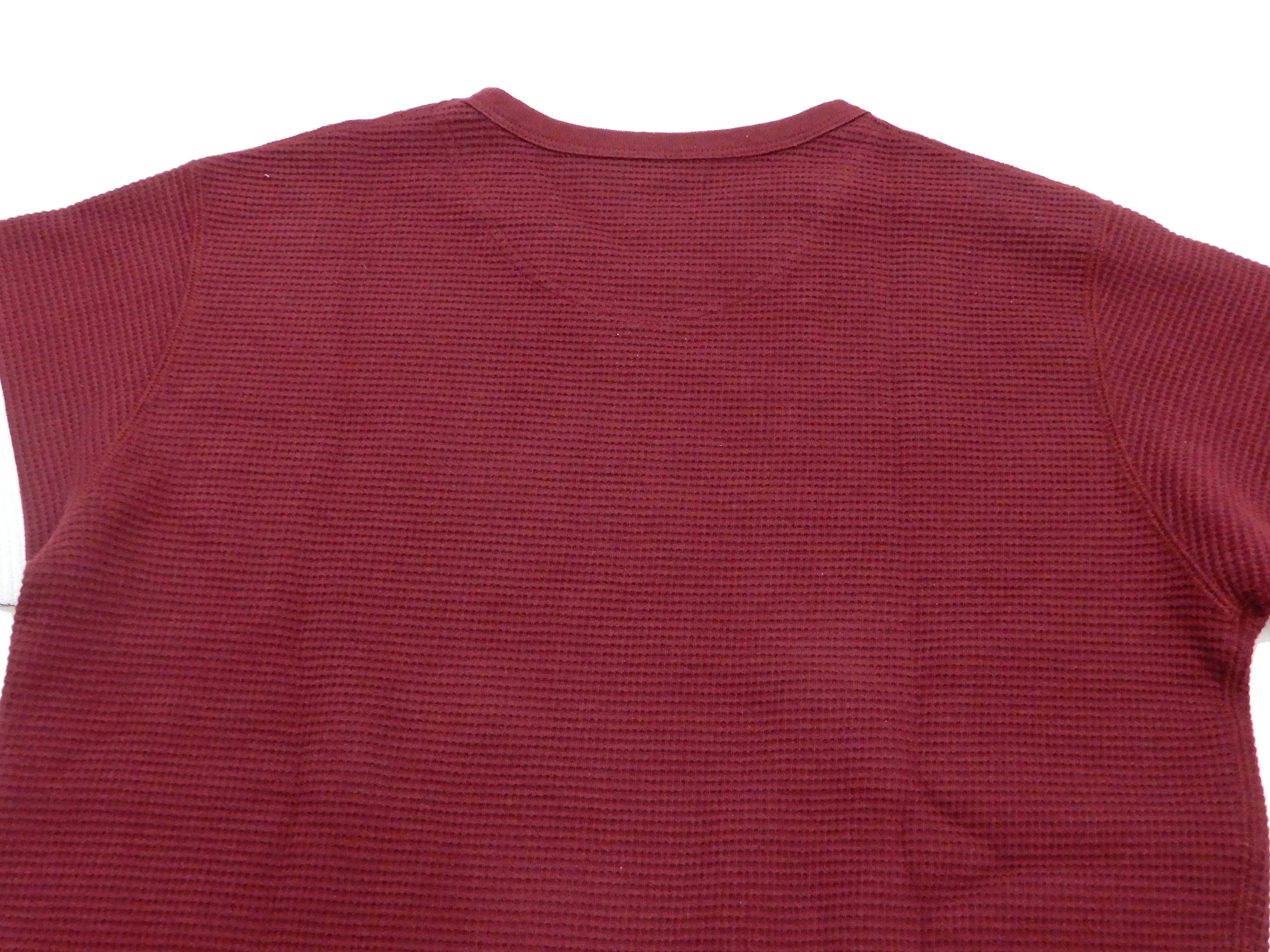 Momotaro Jeans Waffle Shirt Men's Long Sleeve Waffle-Knit Thermal T-Shirt with Stripe MZTS0079 Burgundy