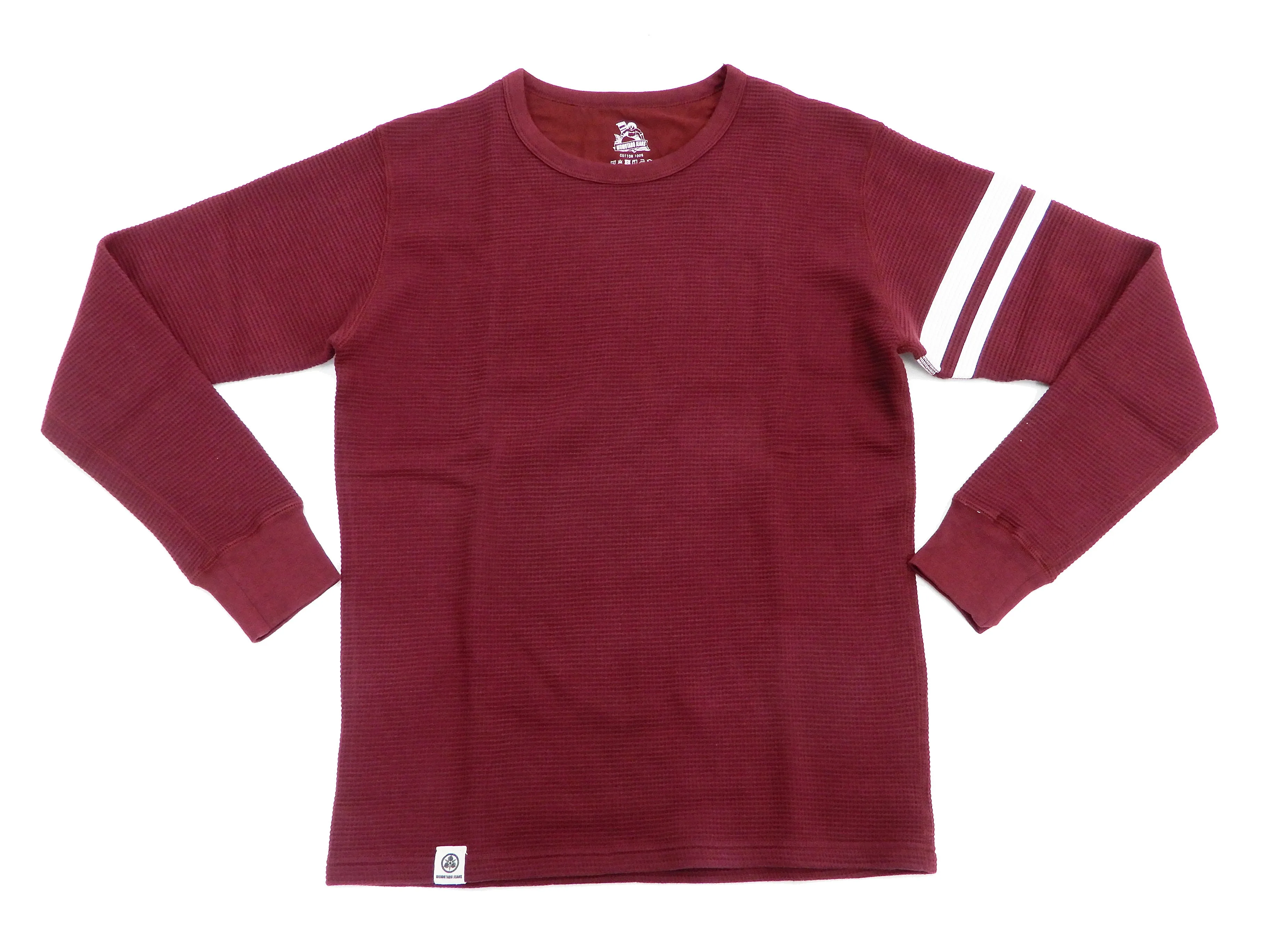 Momotaro Jeans Waffle Shirt Men's Long Sleeve Waffle-Knit Thermal T-Shirt with Stripe MZTS0079 Burgundy