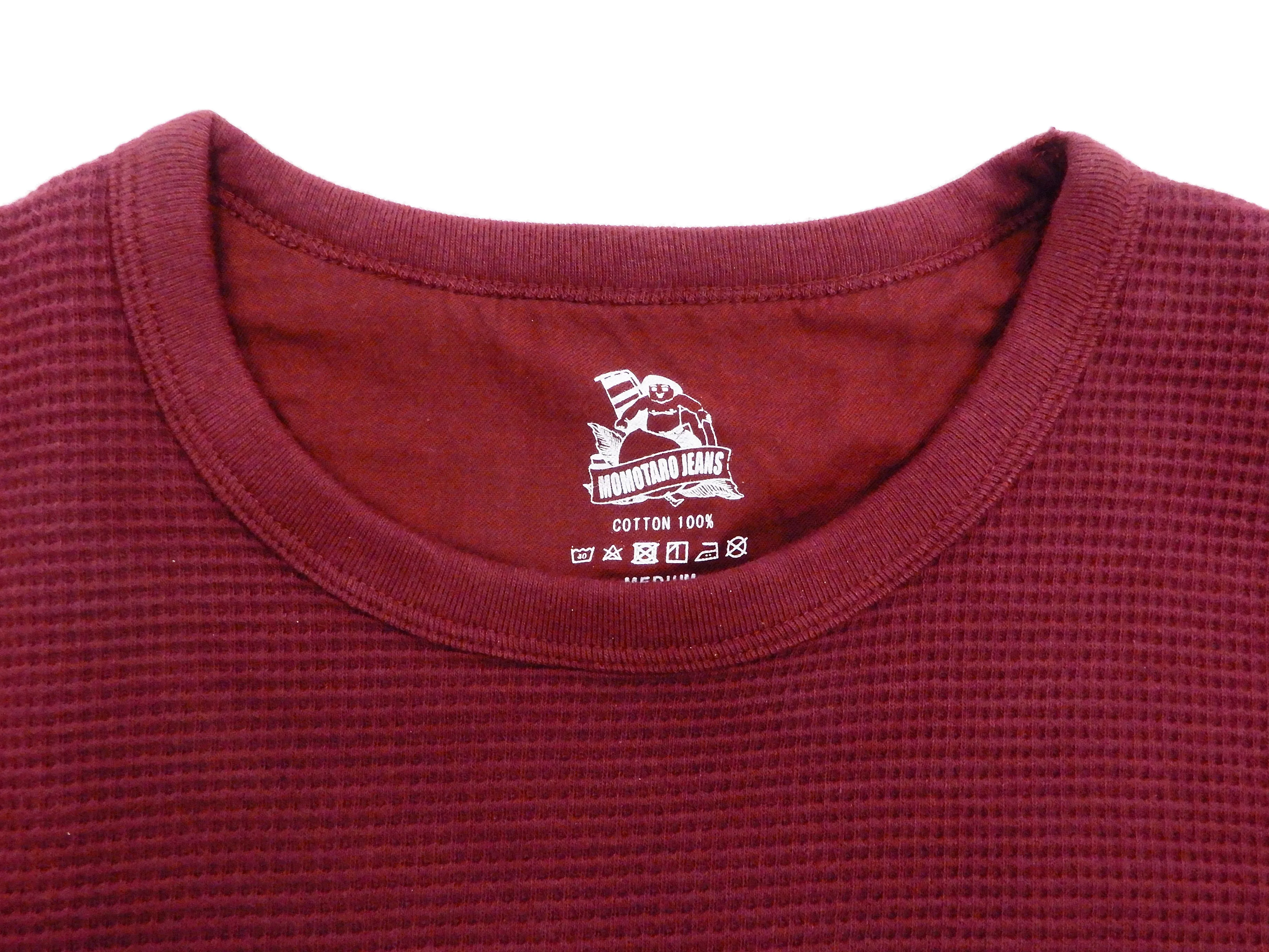 Momotaro Jeans Waffle Shirt Men's Long Sleeve Waffle-Knit Thermal T-Shirt with Stripe MZTS0079 Burgundy