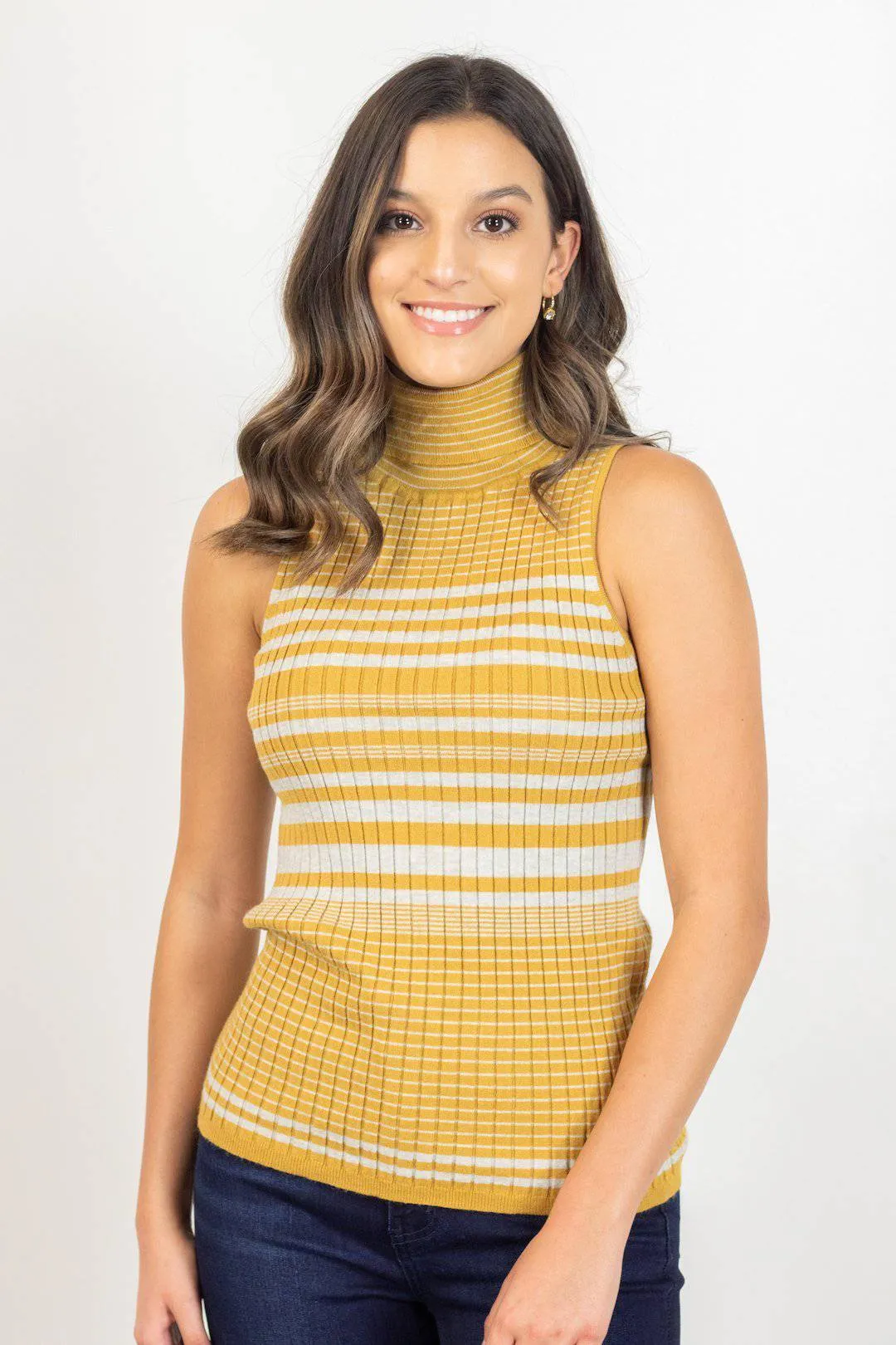 Mustard/Grey Striped Turtle Neck Sleeveless Top